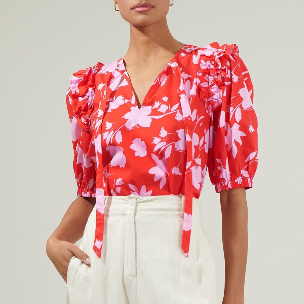 Sugarlips Red & Pink Floral Puff Sleeve Blouse